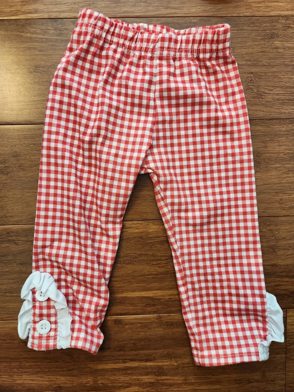 Girl's Red Long Sleeve Peplum Top & Gingham Leggings Pants Set, 6-9 Months